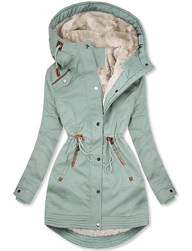 Women's Winter Coat Winter Jacket Parka Windproof Warm Zipper Buttons Casual Street Style Plain Street Casual Daily Casual Daily Zipper Regular Hoodie Regular Fit Long Sleeve Outerwear Black Green 2025 - $21.99
