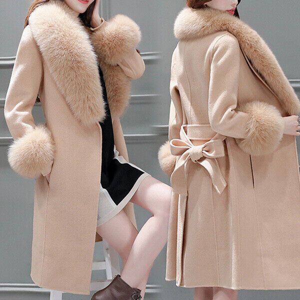 Top Style Womens Wool Blend Detachable Fur Collar Belt Slim Fit Trench Outwear Winter Coat 2024