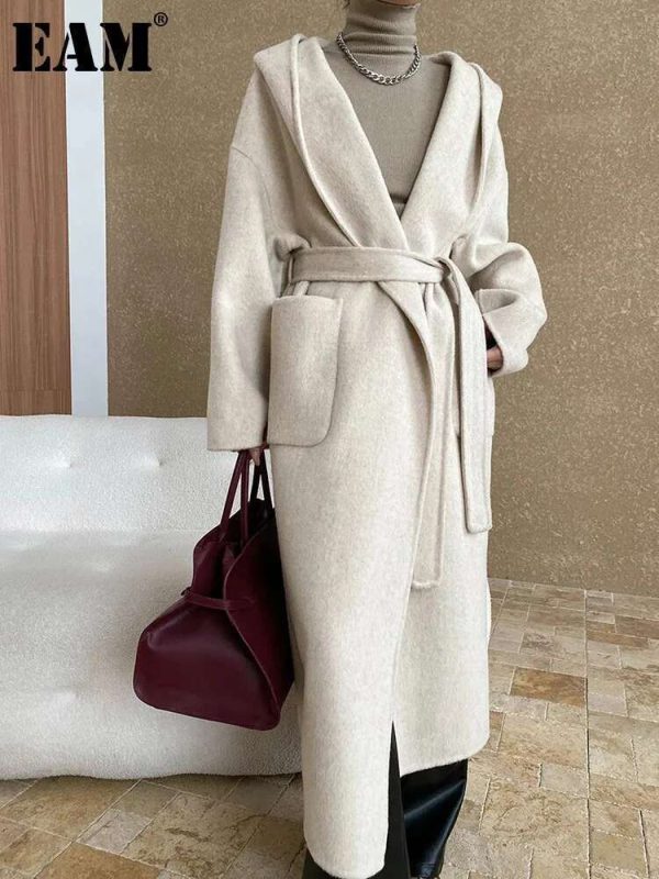 EAM 73% Wool Beige Pocket Belted Long Woolen Coat New Hooded Long Sleeve Women Jacket Fashion Tide
