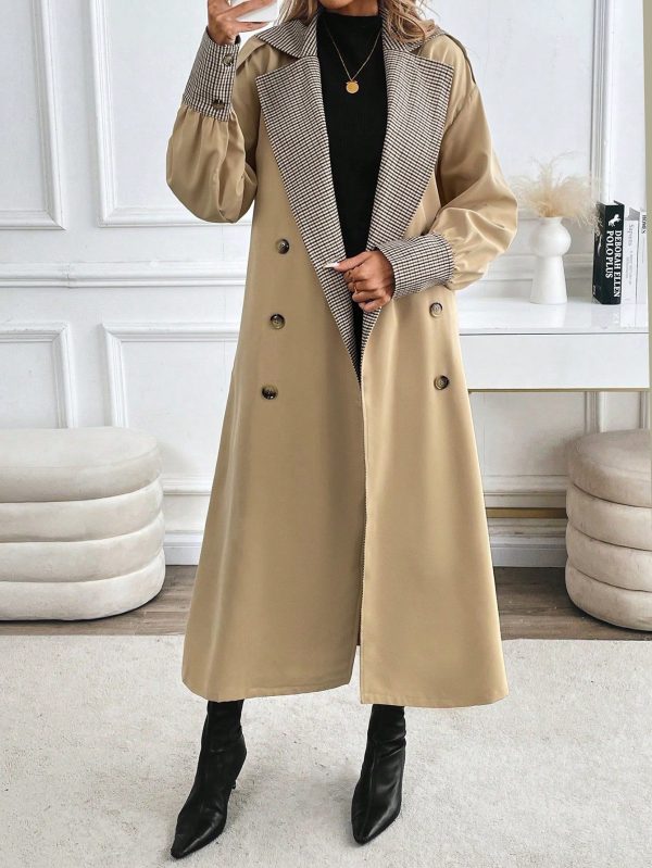Plaid Patchwork Cinched Waist Double Breasted Long Sleeve Trench Coat For Women