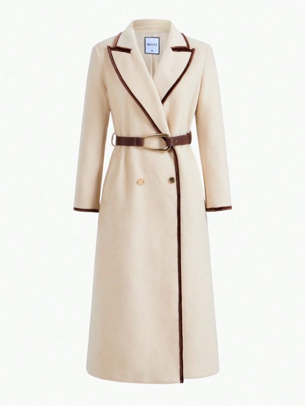 WOLL CONTRAST BINDING PEAK COLLAR LONG OVERCOAT WITH BELT