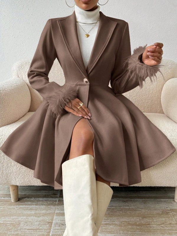 Elegant Knitted Blend Tie Waist Overcoat With Fluffy Cuffs, Autumn/Winter, Ladies Late Fall Elegant Button, Contrast Fluffy Regular Sleeve Shawl Collar Regular Fit Coffee Brown Plain Women Overcoats, Casual Daily Wear
