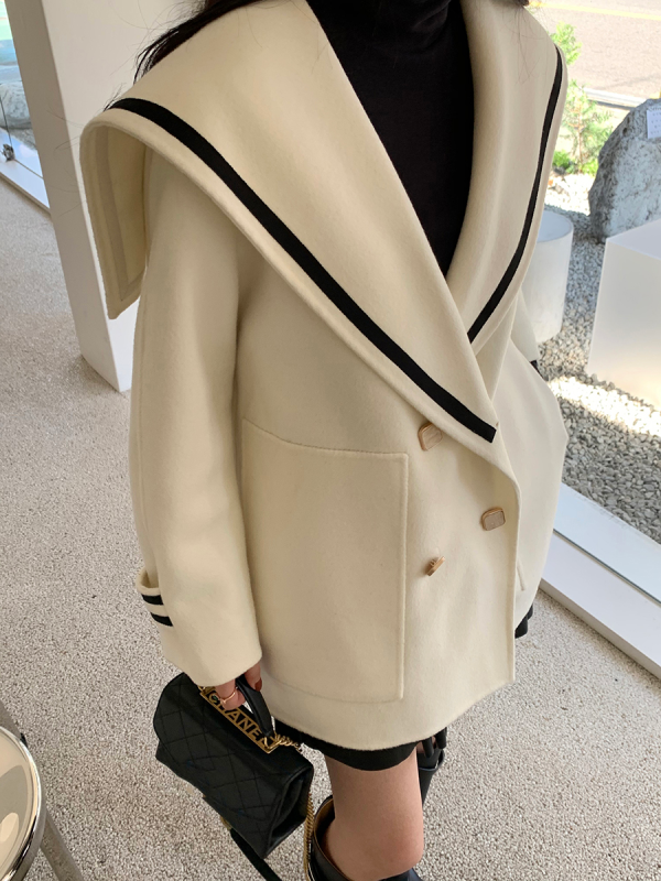 Women Contrast Sailor Collar Woolen Coat Women Double Breasted Coat Loose Big Pockets Woolen Jacket #1005