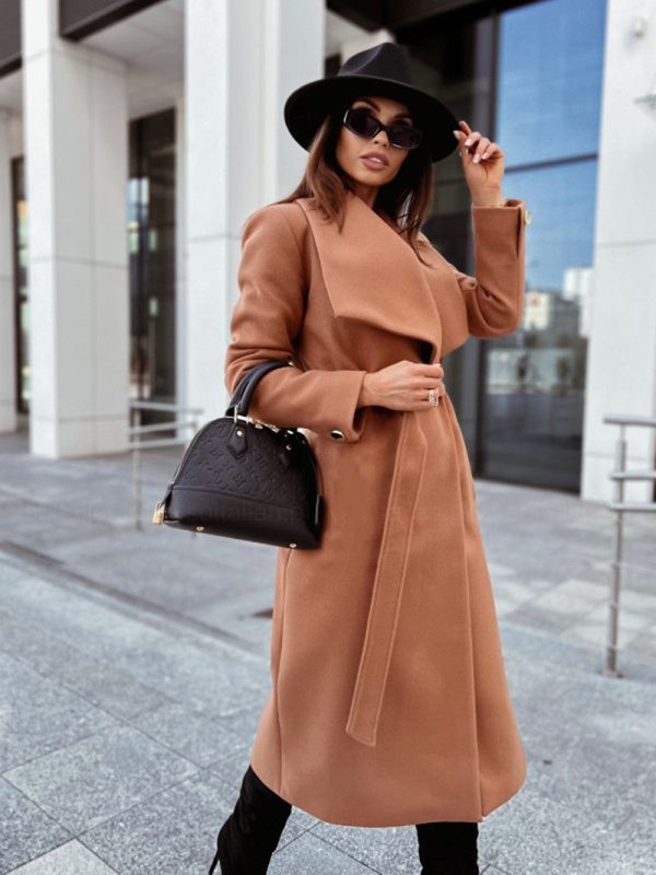Elegant Female Belt Winter Trench Coats Long Sleeve V Neck Slim Office Solid Coat Vintage Women