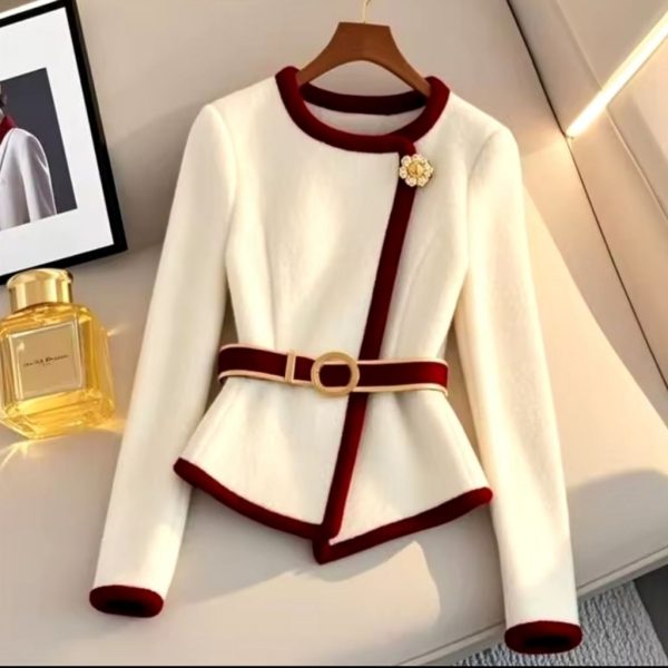 White Jacket Women Design Irregular Coat Autumn Winter Chic Diamond Belt Cardiga | Color: Cream | Size: Various