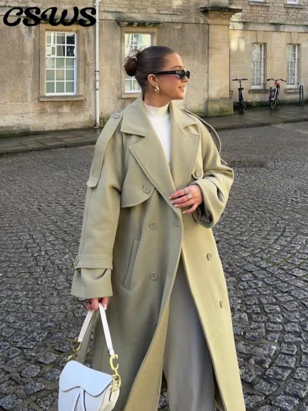 Elegant Woolen Label Long Coat With Belt  Khaki Green Loose Full Sleeve Pocket Coats 2024 Autumn