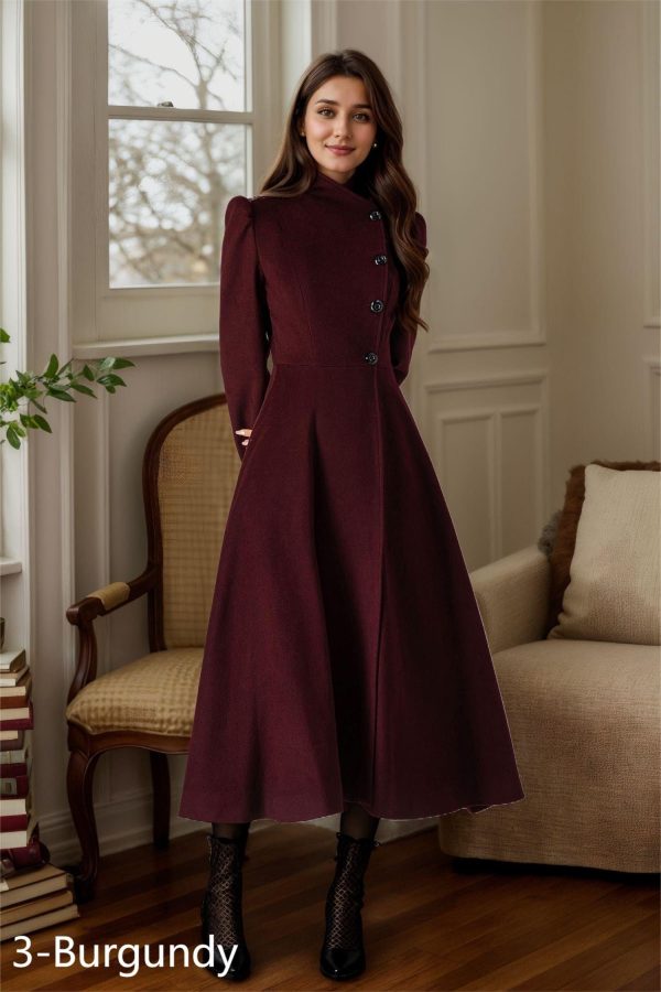 Long Burgundy Wool Coat, Winter Coat women, Womens Coat, A Line wool coat, Swing coat, Midi Coat, Overcoat, Handmade Coat, Xiaolizi 4027