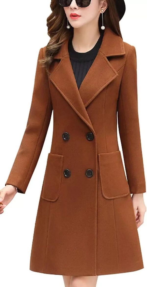 Chouyatou Women Elegant Notched Collar Double Breasted Wool Blend Coat Brown Xs