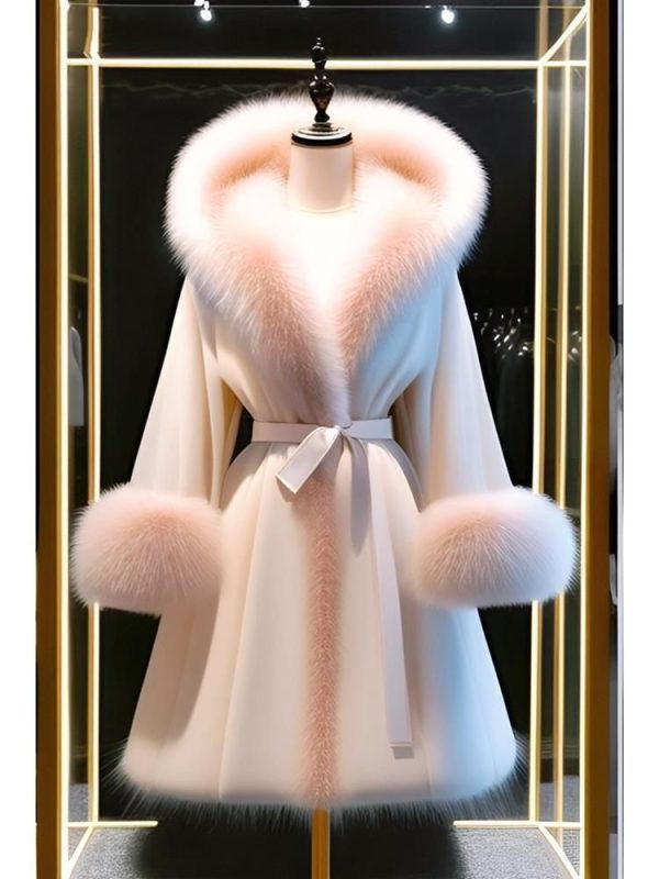 Pink Big Fur Collar Slim Fit Waist Mid Long Belted Wool Jackets Party Overcoat  | eBay