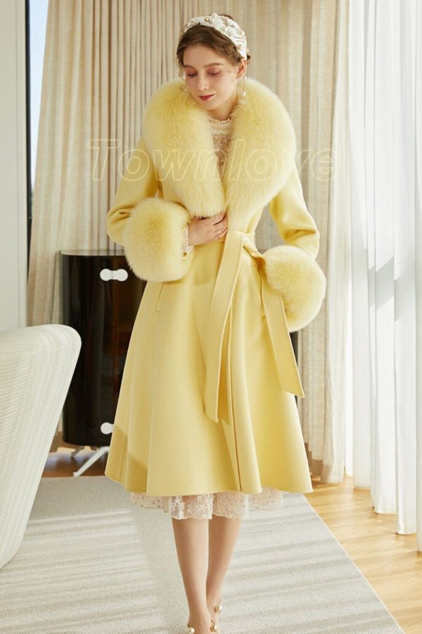 Winter Real Fox Fur Collar Jacket Wool Coat Women's Wool Belted Trench Coat