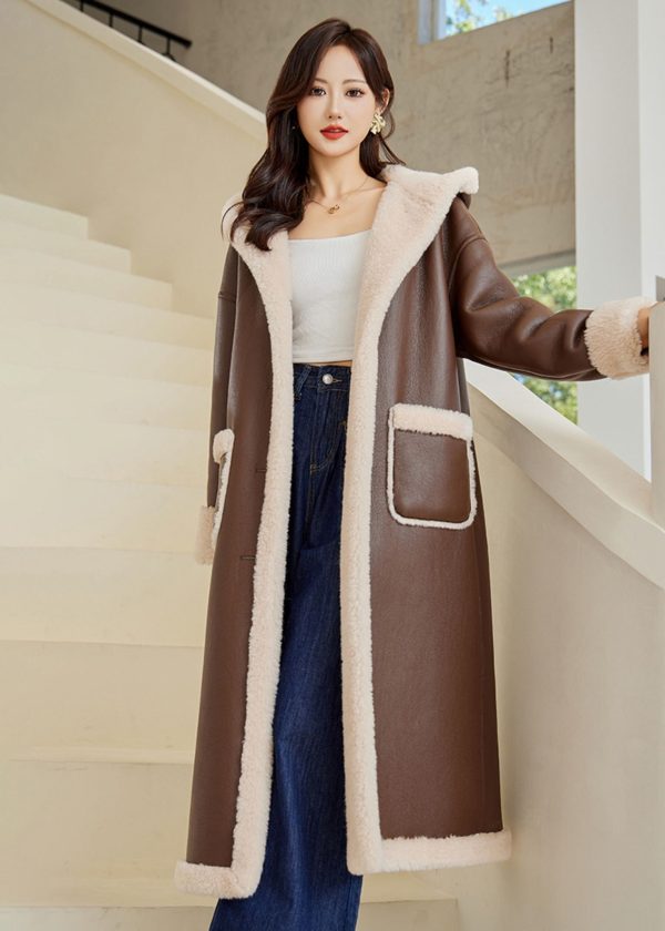 Faux Leather Wool Fur Lined Hooded Long Coat - Brown / XS