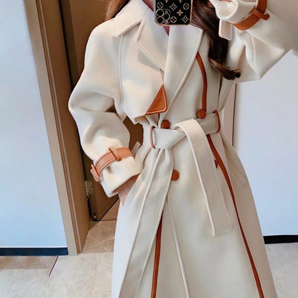 With belt Woolen Coat For women 2024 New Autumn Winter Fashion Slim Temperament Lapel Color blocked