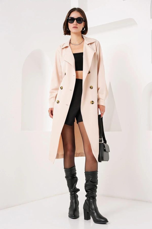 Elegant Beige Women's Trench Coat - Belted Wrap Design with Double Pockets - Long Sleeve Lightweight Polyester Outerwear for Everyday Style
