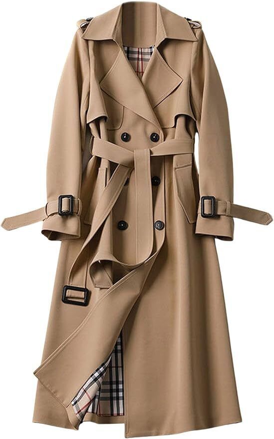 Women Double Breasted Mid Long Trench Coat With Belt Lightweight Windbreaker