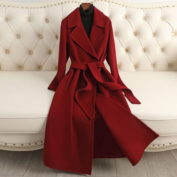 Elegant Womens Double Sided Lapel Collar 100% Wool Mid Long Jacket Trench Coat Outwears 2024