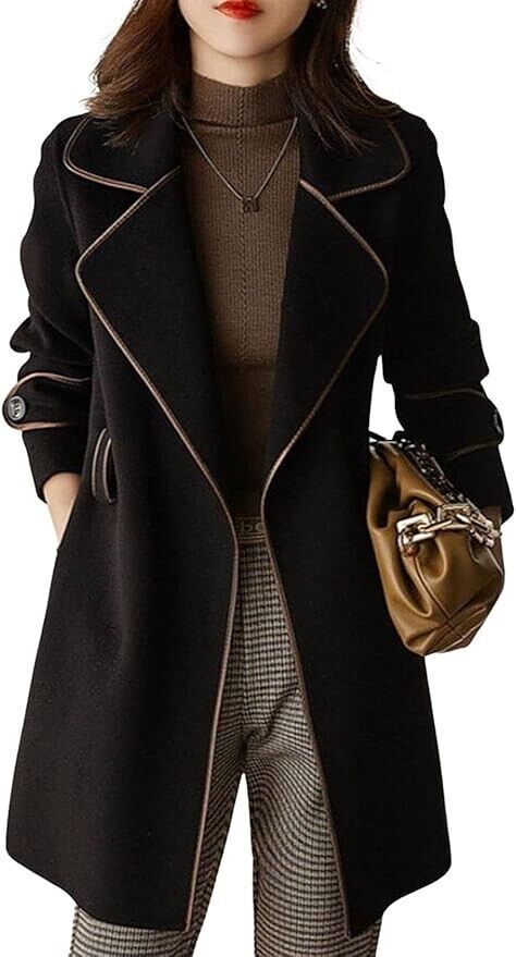 Women's Elegant Lapel Collar Wool Blend Midi-long Pea Coat Jacket With Belt