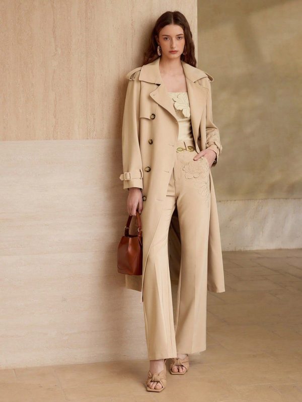 FLOWER EMBROIDERY BELTED TRENCH COAT,SPRING/SUMMER