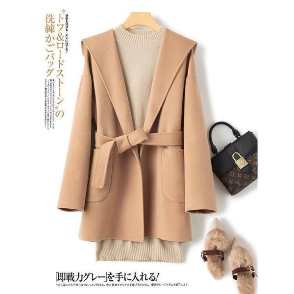 Double Faced Tweed Coat Women's Hooded Woolen Coat Loose Bathrobe Lace For Women