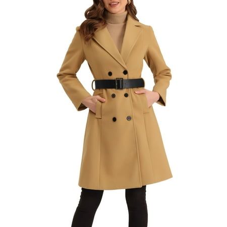 Unique Bargains Women's Winter Lapel Collar Belted Double Breasted Long Outerwear Coats XS Khaki, Size:as described, Brown