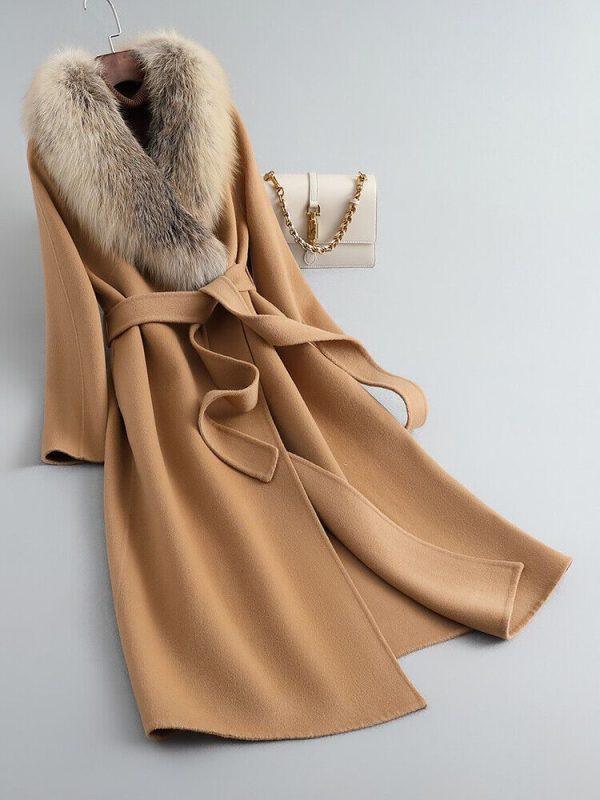 Autumn Winter Womens Fox Fur Collar Wool Coat Mid Long Cashmere Woolen Coat