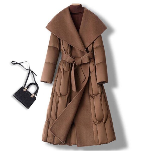 100% Wool Splicing Down Jacket Lapel Collar Women Mid Long Coat Overcoat Outwear