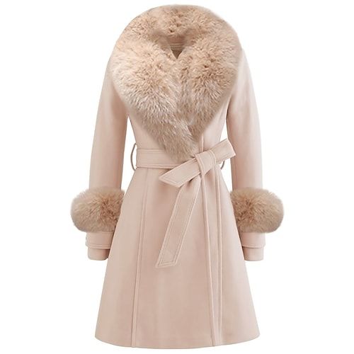 Women's Winter Coat Warm Comfortable With Belt Fur Collar Elegant Fashion Modern Street Style Solid Color Vacation Street Casual Daily Weekend Open Front Long Lapel Regular Fit Long Sleeve Outerwear