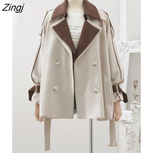 Zingj Women Panelled Design Simple Retro Elegant Outwear Spliced Korean Style Loose Autumn Popular Ins All-match Casual Ladies beige-L