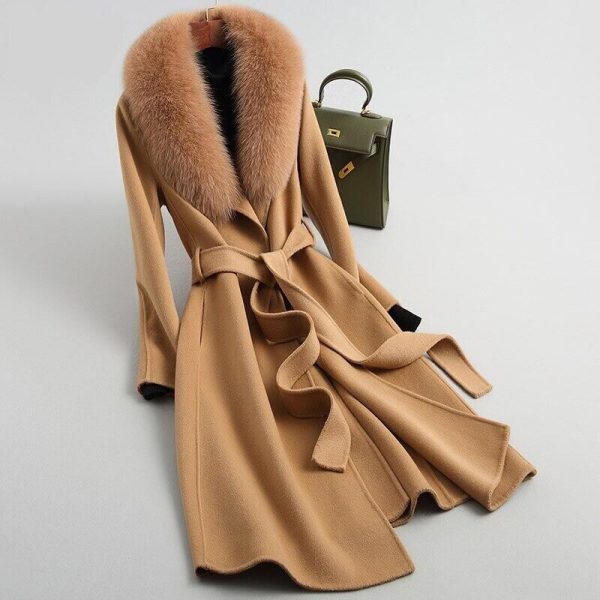 Luxury Women Coat 100% Wool Blends Jacket With Real Fox Fur Collar Long Overcoat