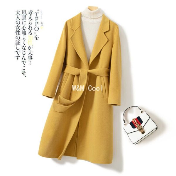 Autumn Women 100% Wool Cashmere Trench Coat Long Slim Fit With Belted Jacket