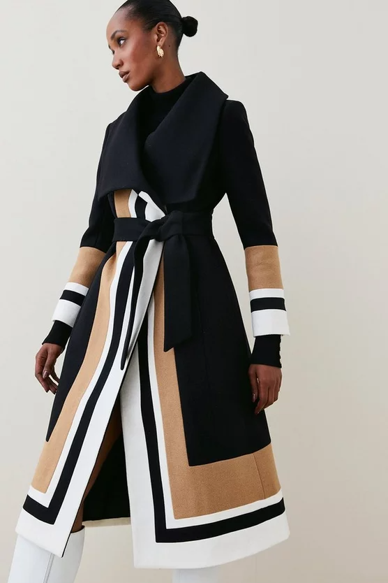 Italian Virgin Wool Colorblock Belted Wrap Coat | Karen Millen