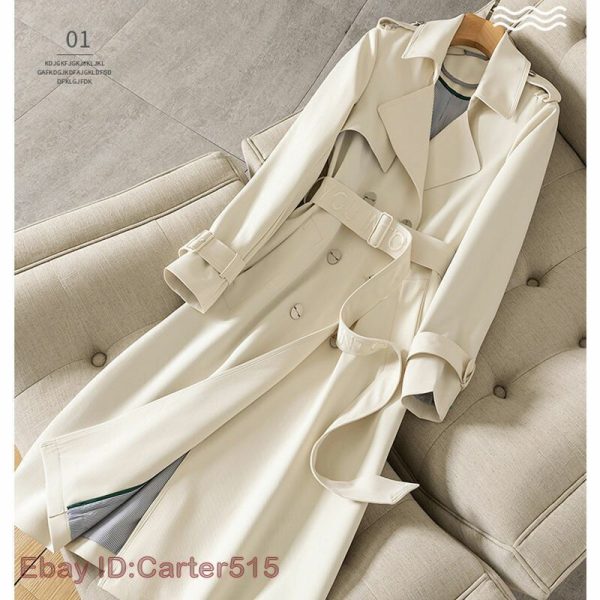 Elegant Womens Spring Lapel Collar Belted Double Breasted Trench Coat Mid Long Loose 2024