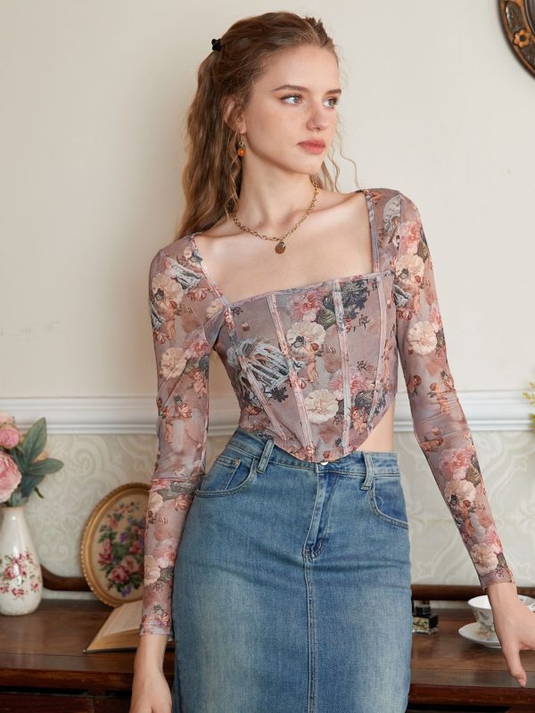 Spring Break Retro Floral And Figure Graphic Square Neck Curved Hem Tee