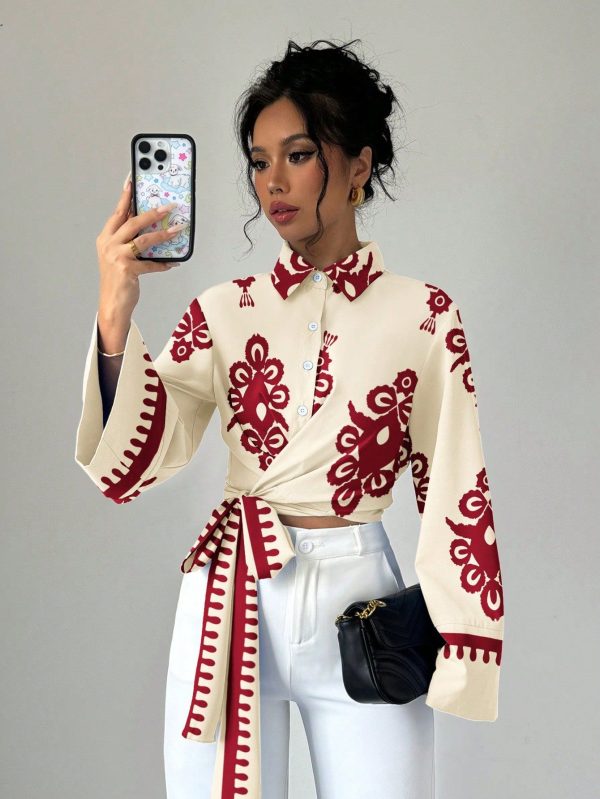 Women's Floral Print Bell Sleeve Blouse Women Shirt