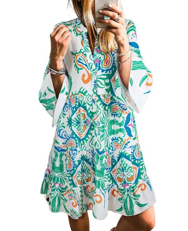 SELINK Womens Long Sleeve Dresses Casual V Neck Tribal Print Button Flowy Boho Mini Beach Dress