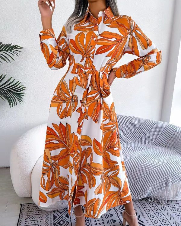 Floral Print Lapel Shirt Dress with Contrast - Blue XL