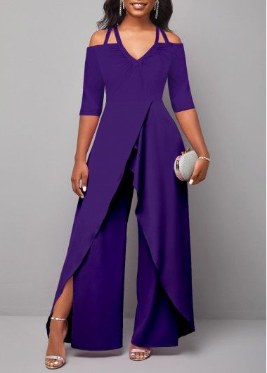 Purple Ankle Length 3/4 Sleeve Off Shoulder Jumpsuit