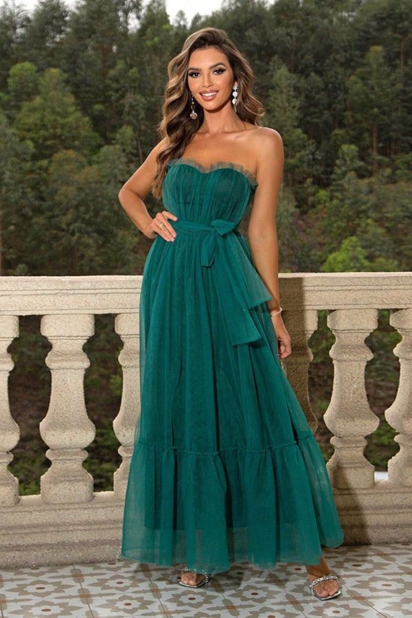 ZAPAKASA Women Pine Bridesmaid Dress Strapless Ruffles A Line Pleated V Neck Tulle Long Wedding Guest Dress