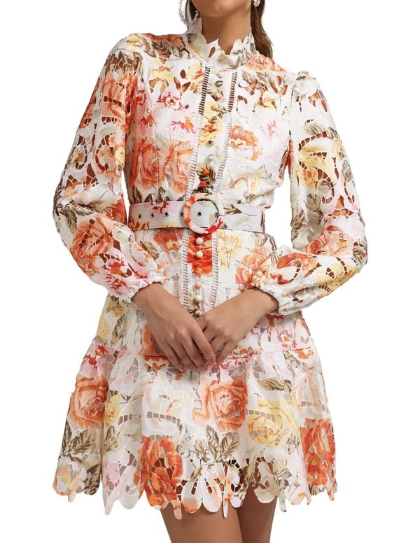 BELLA BARNETT White Printed Cutout Mini Dress Mock Neck Long Sleeve Wrap Dress Elegant Women Fall Wedding Guest Dress