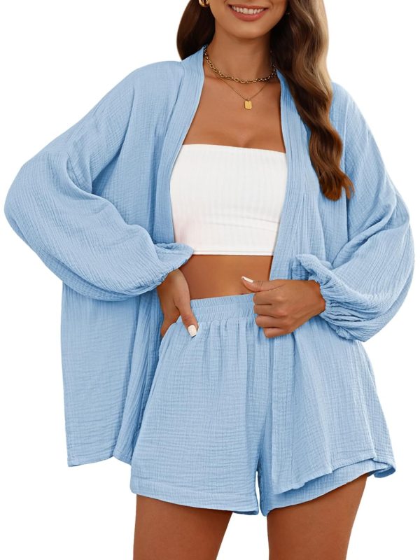 Pink Queen Women's 2 Piece Tracksuit Outfit Long Sleeve Belted Kimono Blouse High Waisted Shorts Lounge Sets