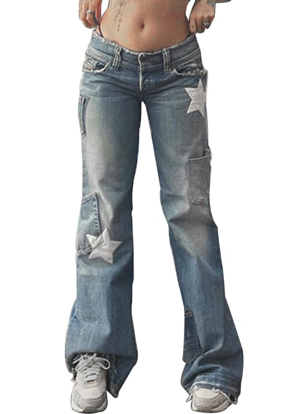 XKBHYD Womens Star Print Jeans Y2k Jeans Baggy Denim Pants Vintage Blue Jeans Straight Leg Pants