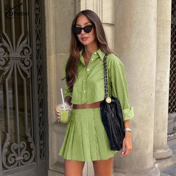 Oymimi Elegant Blue Striped Print Sets For Women 2 Pieces Fashion Long Sleeve Button Crop Tops And High Waist Pleated Skirts Set, green / M / CN