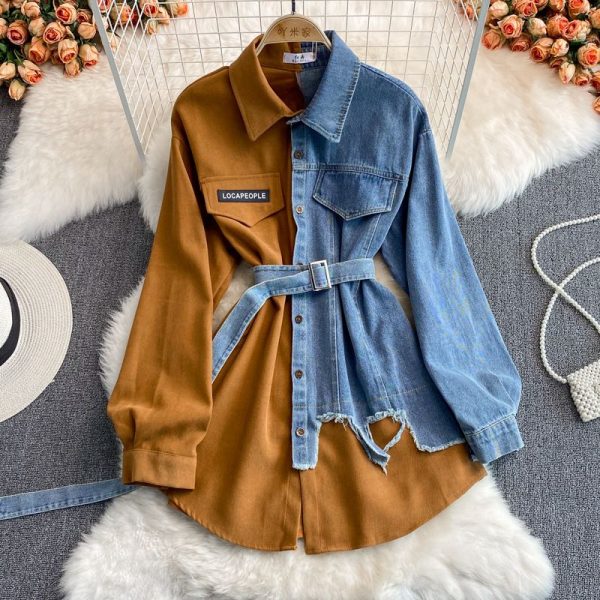 Zingj Zingj Spliced Corduroy Lapel Dress 2023 Autumn And Winter New Korean Version Waist Shows Thin Irregular Medium Length