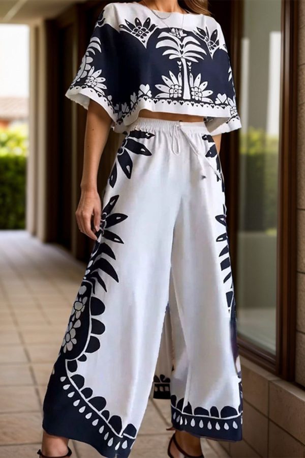 Aubrey Printed Half Sleeve Top and Wide Leg Pants Set - White / L