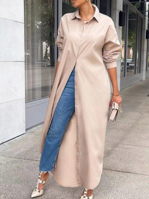 Women's Dresses Fashion Solid Button Split Shirt Coat Dress - Khaki / L