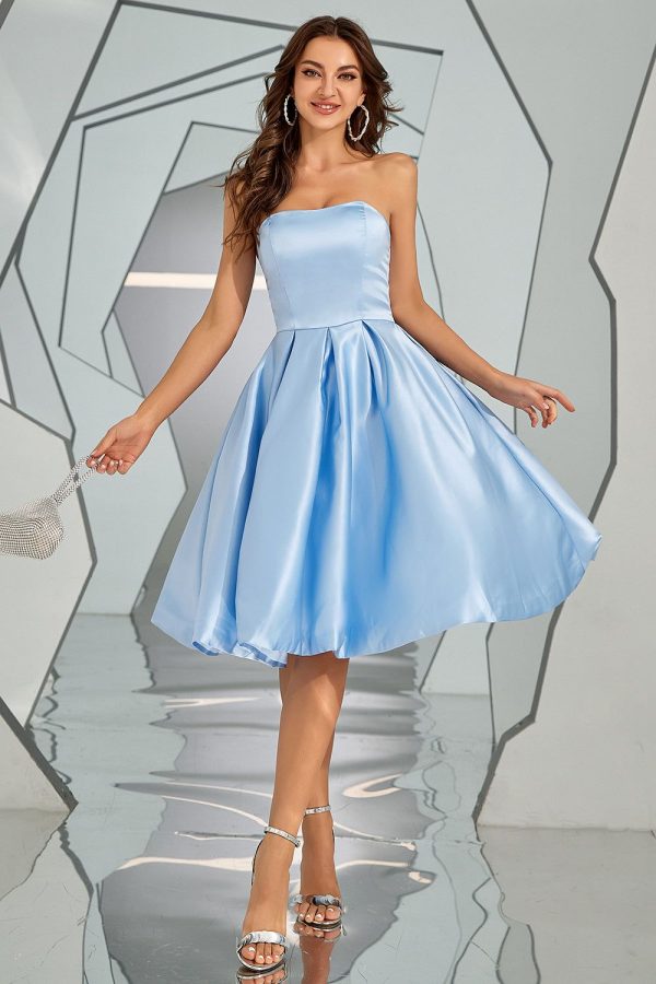 Zapakasa Women Homecoming Dress Sky Blue Strapless A Line Short Satin Prom Dress