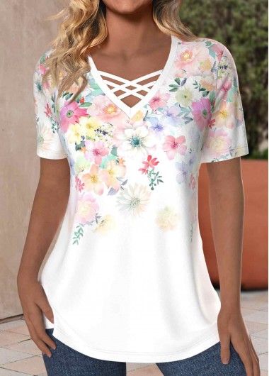 ROTITA Criss Cross Floral Print White V Neck T Shirt