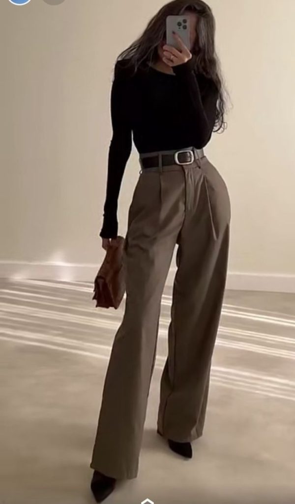 Brown Wide Leg Women's Classic Suit Pants with Skinny Black Full Sleeve Shirt
