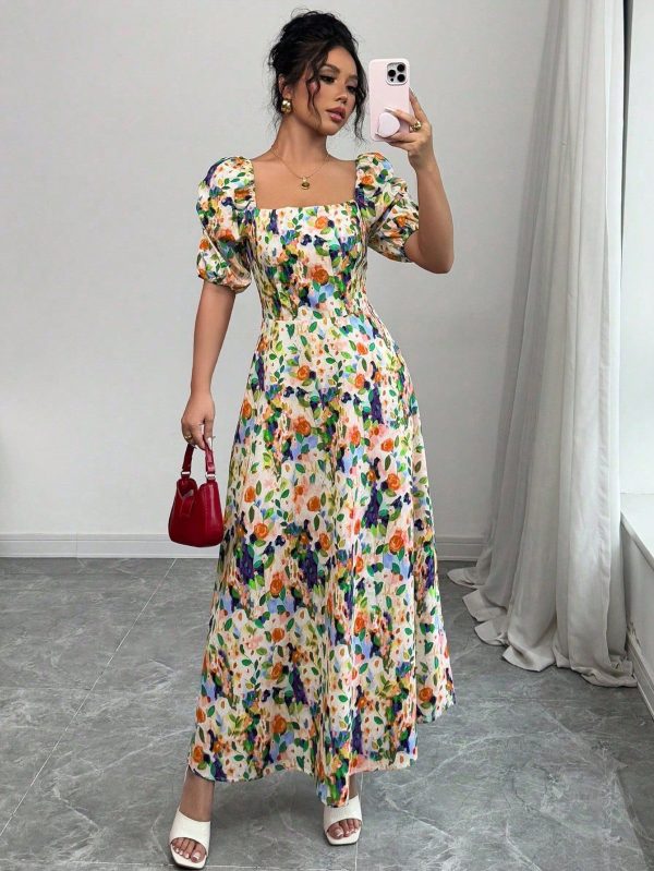 Spring/Summer Elegant Floral Tie-Dye A-Line Dress With Cinched Waist
