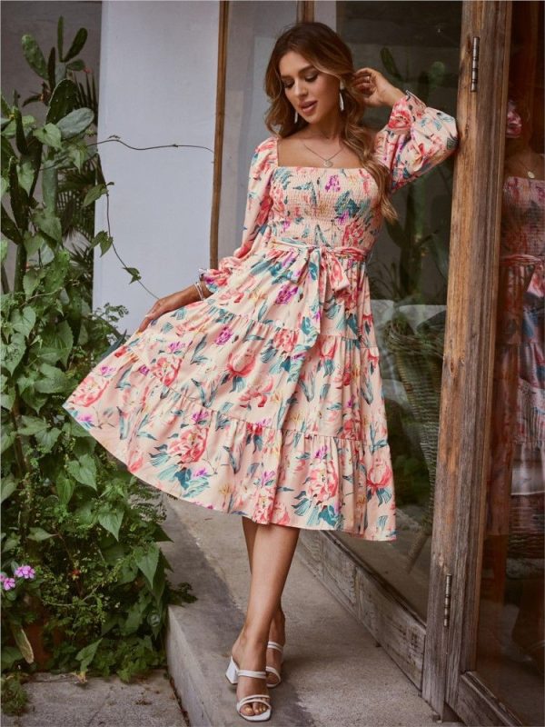 Summer New Women's Fashion Printed Square Neck Trumpet Long Sleeved High Waist Cinched Lace Up Dress