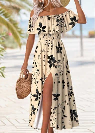 ROTITA Floral Print Beige Maxi Off Shoulder Sleeveless Dress